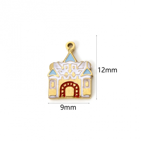 Picture of 2 PCs Eco-friendly PVD Vacuum Plating 304 Stainless Steel Charms 14K Real Gold Plated Multicolor House Enamel 12mm x 9mm