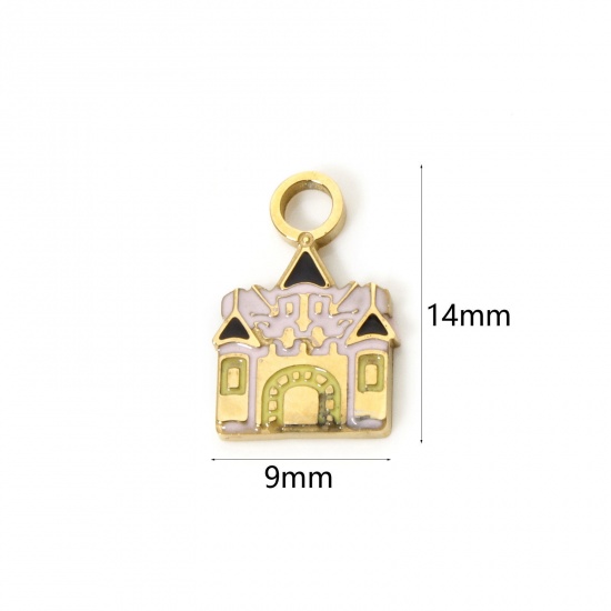 Picture of 2 PCs Eco-friendly PVD Vacuum Plating 304 Stainless Steel Charms 14K Real Gold Plated Multicolor House Enamel 14mm x 9mm