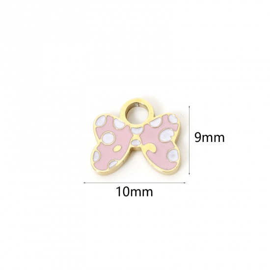 Picture of 2 PCs Eco-friendly PVD Vacuum Plating 304 Stainless Steel Clothes Charms 14K Real Gold Plated Pink Bowknot Enamel 10mm x 9mm