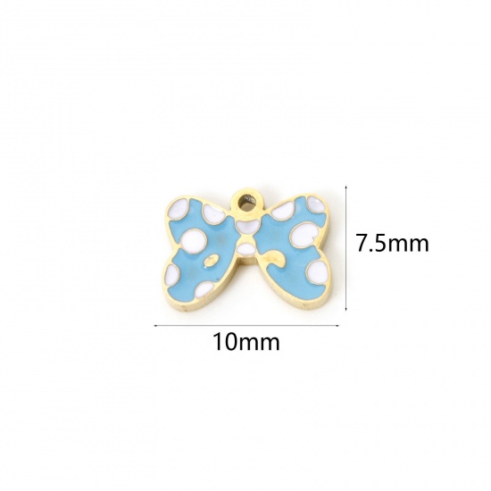 Picture of 2 PCs Eco-friendly PVD Vacuum Plating 304 Stainless Steel Clothes Charms 14K Real Gold Plated Blue Bowknot Enamel 10mm x 7.5mm