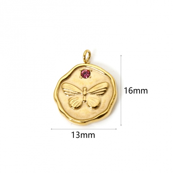 Picture of 2 PCs Eco-friendly PVD Vacuum Plating 304 Stainless Steel Insect Charms 14K Real Gold Plated Butterfly Animal Fuchsia Rhinestone 16mm x 13mm