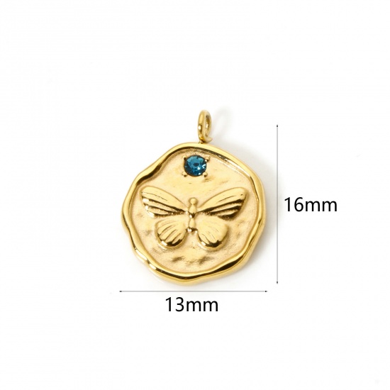 Picture of 2 PCs Eco-friendly PVD Vacuum Plating 304 Stainless Steel Insect Charms 14K Real Gold Plated Butterfly Animal Blue Rhinestone 16mm x 13mm