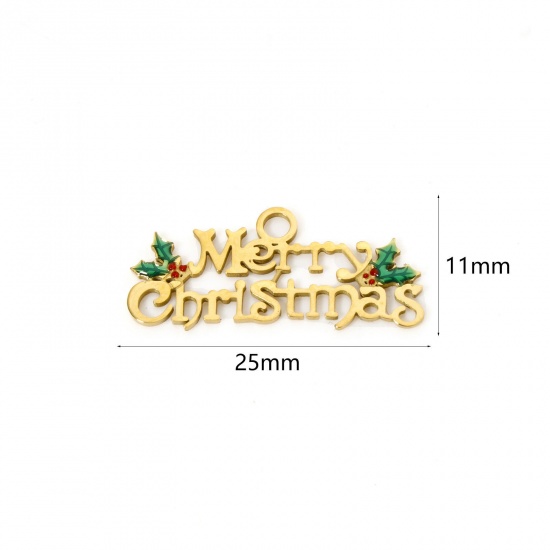 Immagine di 1 Pz Placcatura Sottovuoto PVD Ecologica 304 Acciaio Inossidabile Ciondoli 14K Vero Oro Placcato Le foglie del Fiore Messaggio " Merry Christmas " Smalto 25mm x 11mm