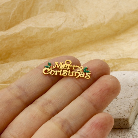 Immagine di 1 Pz Placcatura Sottovuoto PVD Ecologica 304 Acciaio Inossidabile Ciondoli 14K Vero Oro Placcato Le foglie del Fiore Messaggio " Merry Christmas " Smalto 25mm x 11mm
