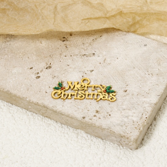 Immagine di 1 Pz Placcatura Sottovuoto PVD Ecologica 304 Acciaio Inossidabile Ciondoli 14K Vero Oro Placcato Le foglie del Fiore Messaggio " Merry Christmas " Smalto 25mm x 11mm