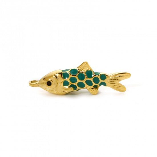 Picture of 1 Piece Eco-friendly PVD Vacuum Plating 304 Stainless Steel Ocean Jewelry Pendants 14K Real Gold Plated Green Fish Animal Enamel 3.7cm x 1.2cm