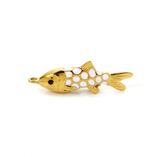 Picture of 1 Piece Eco-friendly PVD Vacuum Plating 304 Stainless Steel Ocean Jewelry Pendants 14K Real Gold Plated White Fish Animal Enamel 3.7cm x 1.2cm