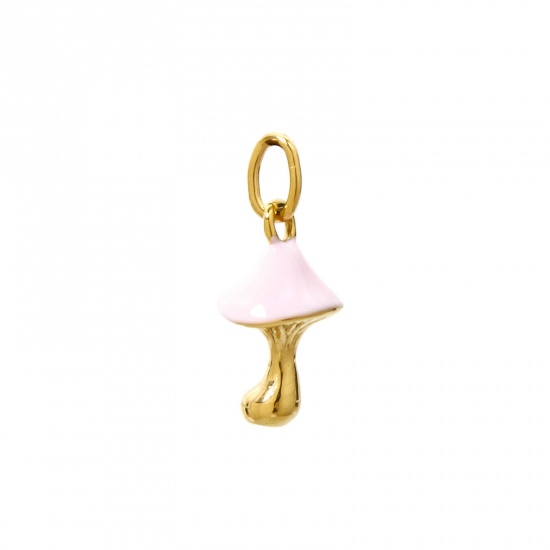 Picture of 1 Piece Eco-friendly PVD Vacuum Plating 304 Stainless Steel Flora Collection Charms 14K Real Gold Plated Pink Mushroom Enamel 23mm x 10mm