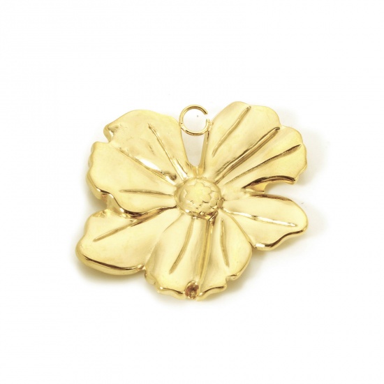 Picture of 1 Piece Eco-friendly PVD Vacuum Plating 304 Stainless Steel Flora Collection Pendants 18K Real Gold Plated Flower 3.9cm x 3.4cm