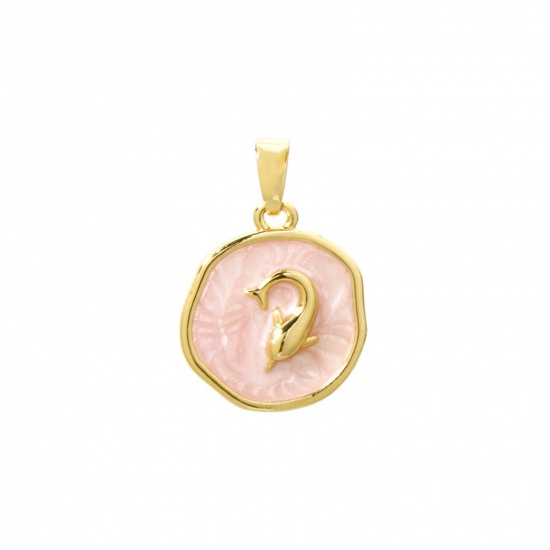 Imagen de 2 Unidades Latón Colgantes Charms 18K Oro Real Chapado Rosado Irregular Delfín Esmalte 22mm x 15mm