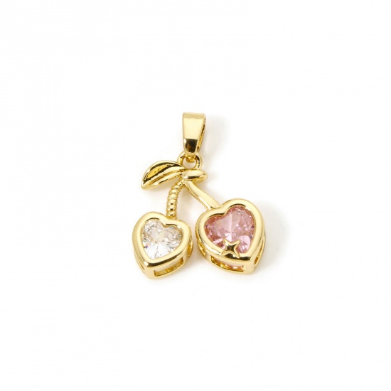 Imagen de 2 Unidades Latón Colgantes Charms 18K Oro Real Chapado Cereza Transparente & Rosa Claro Rhinestone 20mm x 15mm