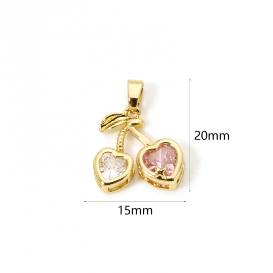 Imagen de 2 Unidades Latón Colgantes Charms 18K Oro Real Chapado Cereza Transparente & Rosa Claro Rhinestone 20mm x 15mm