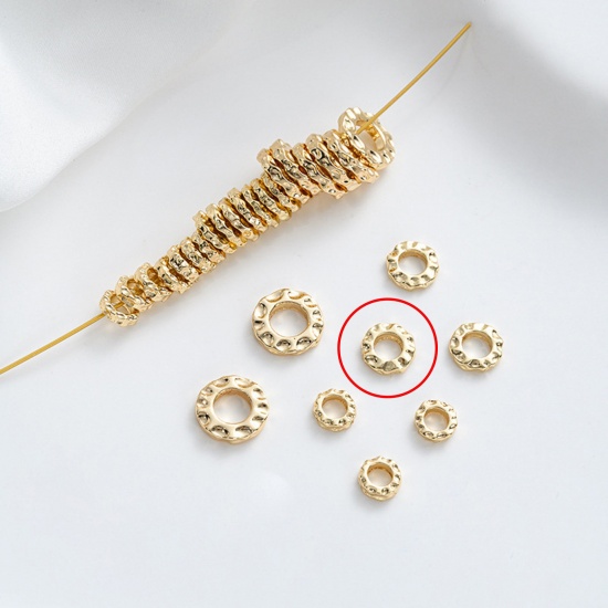 Picture of 10 PCs Eco-friendly Brass Hammered Spacer Beads For DIY Bracelet Jewelry Making Findings 14K Real Gold Plated Flat Round 8mm