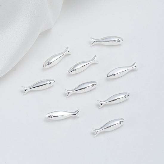 Picture of 2 PCs Eco-friendly Brass Ocean Jewelry Beads For DIY Jewelry Making Silver Plated Fish Animal Clear Cubic Zirconia 15.5mm x 4.5mm, Hole: Approx 0.5mm