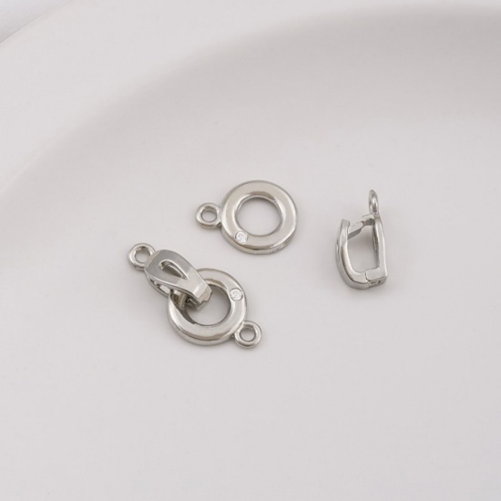 Picture of 2 PCs Eco-friendly Brass Connectors Clasp Round Real Platinum Plated Clear Cubic Zirconia 19mm x 10mm