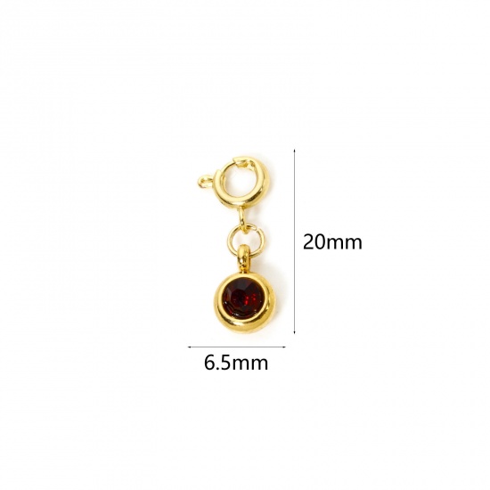 Immagine di 1 Pz 304 Acciaio Inossidabile Pietre Nascita Clip su Charm Stile Placcato Oro 18K Tondo Gennaio Con Chiusura A Molla Vino Rosso Strass 20mm x 6.5mm