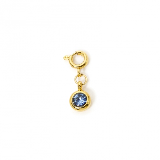 Immagine di 1 Pz 304 Acciaio Inossidabile Pietre Nascita Clip su Charm Stile Placcato Oro 18K Tondo Marzo Con Chiusura A Molla Blu acqua Strass 20mm x 6.5mm