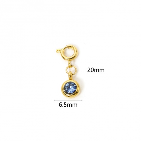 Immagine di 1 Pz 304 Acciaio Inossidabile Pietre Nascita Clip su Charm Stile Placcato Oro 18K Tondo Marzo Con Chiusura A Molla Blu acqua Strass 20mm x 6.5mm