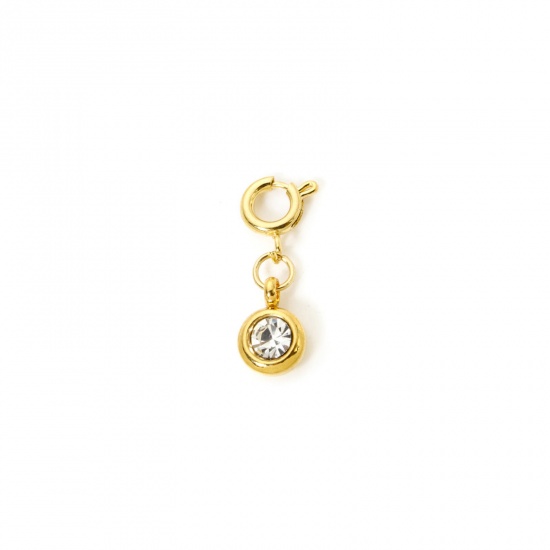 Immagine di 1 Pz 304 Acciaio Inossidabile Pietre Nascita Clip su Charm Stile Placcato Oro 18K Tondo Aprile Con Chiusura A Molla Trasparente Strass 20mm x 6.5mm