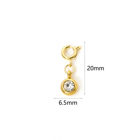 Immagine di 1 Pz 304 Acciaio Inossidabile Pietre Nascita Clip su Charm Stile Placcato Oro 18K Tondo Aprile Con Chiusura A Molla Trasparente Strass 20mm x 6.5mm