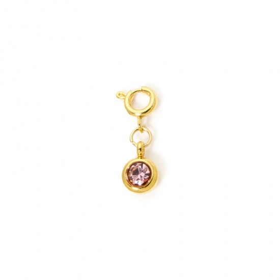 Immagine di 1 Pz 304 Acciaio Inossidabile Pietre Nascita Clip su Charm Stile Placcato Oro 18K Tondo Giugno Con Chiusura A Molla Rosa Chiaro Strass 20mm x 6.5mm