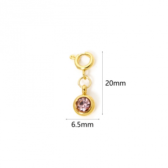 Immagine di 1 Pz 304 Acciaio Inossidabile Pietre Nascita Clip su Charm Stile Placcato Oro 18K Tondo Giugno Con Chiusura A Molla Rosa Chiaro Strass 20mm x 6.5mm