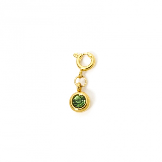 Immagine di 1 Pz 304 Acciaio Inossidabile Pietre Nascita Clip su Charm Stile Placcato Oro 18K Tondo Agosto Con Chiusura A Molla Verde Oliva Strass 20mm x 6.5mm