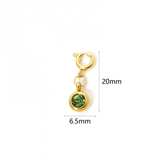 Immagine di 1 Pz 304 Acciaio Inossidabile Pietre Nascita Clip su Charm Stile Placcato Oro 18K Tondo Agosto Con Chiusura A Molla Verde Oliva Strass 20mm x 6.5mm