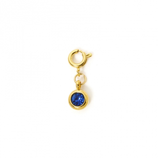 Immagine di 1 Pz 304 Acciaio Inossidabile Pietre Nascita Clip su Charm Stile Placcato Oro 18K Tondo Settembre Con Chiusura A Molla Blu Marino Strass 20mm x 6.5mm