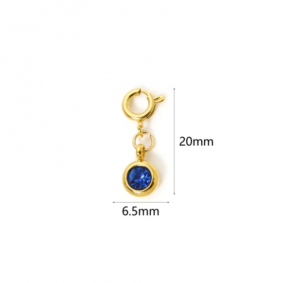 Immagine di 1 Pz 304 Acciaio Inossidabile Pietre Nascita Clip su Charm Stile Placcato Oro 18K Tondo Settembre Con Chiusura A Molla Blu Marino Strass 20mm x 6.5mm
