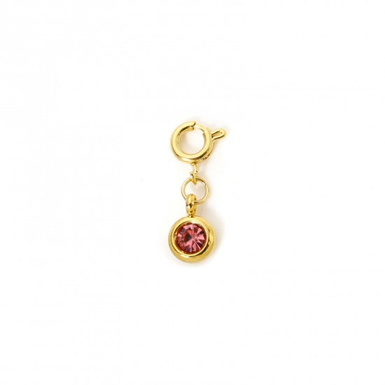 Immagine di 1 Pz 304 Acciaio Inossidabile Pietre Nascita Clip su Charm Stile Placcato Oro 18K Tondo Ottobre Con Chiusura A Molla Roso Strass 20mm x 6.5mm
