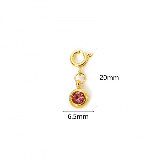 Immagine di 1 Pz 304 Acciaio Inossidabile Pietre Nascita Clip su Charm Stile Placcato Oro 18K Tondo Ottobre Con Chiusura A Molla Roso Strass 20mm x 6.5mm