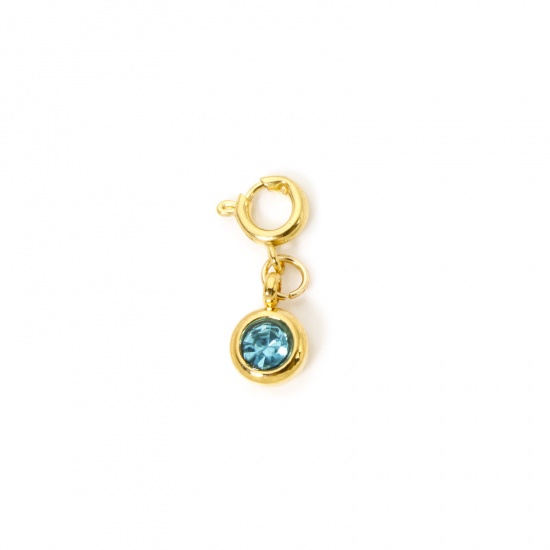 Immagine di 1 Pz 304 Acciaio Inossidabile Pietre Nascita Clip su Charm Stile Placcato Oro 18K Tondo Dicembre Con Chiusura A Molla Lago Blu Strass 20mm x 6.5mm