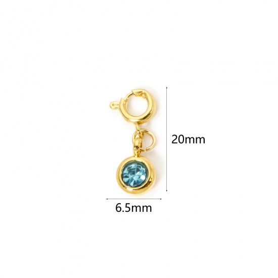 Immagine di 1 Pz 304 Acciaio Inossidabile Pietre Nascita Clip su Charm Stile Placcato Oro 18K Tondo Dicembre Con Chiusura A Molla Lago Blu Strass 20mm x 6.5mm