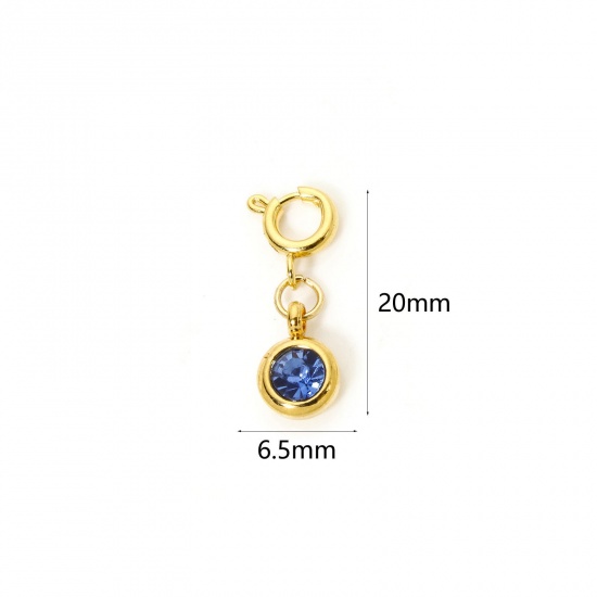 Immagine di 1 Pz 304 Acciaio Inossidabile Pietre Nascita Clip su Charm Stile Placcato Oro 18K Tondo Con Chiusura A Molla Blu Strass 20mm x 6.5mm