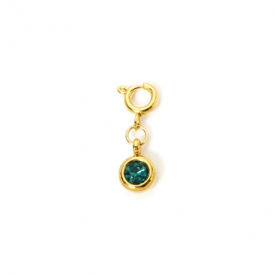 Immagine di 1 Pz 304 Acciaio Inossidabile Pietre Nascita Clip su Charm Stile Placcato Oro 18K Tondo Con Chiusura A Molla Verde Pavone Strass 20mm x 6.5mm