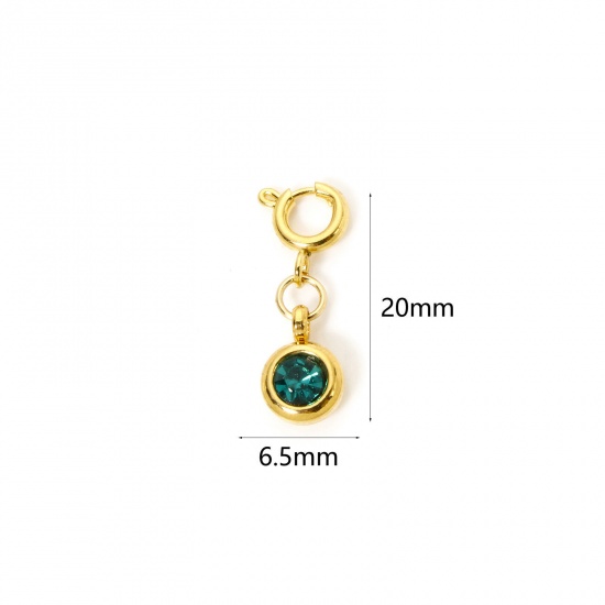 Immagine di 1 Pz 304 Acciaio Inossidabile Pietre Nascita Clip su Charm Stile Placcato Oro 18K Tondo Con Chiusura A Molla Verde Pavone Strass 20mm x 6.5mm