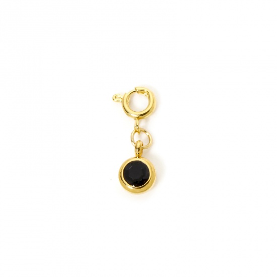 Immagine di 1 Pz 304 Acciaio Inossidabile Pietre Nascita Clip su Charm Stile Placcato Oro 18K Tondo Con Chiusura A Molla Nero Strass 20mm x 6.5mm