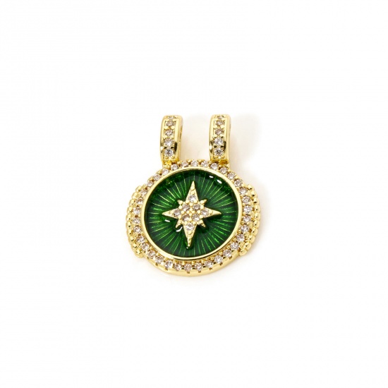 Изображение 1 Piece Eco-friendly Brass Charms 18K Real Gold Plated Green Round Star Enamel Clear Cubic Zirconia 21mm x 17mm