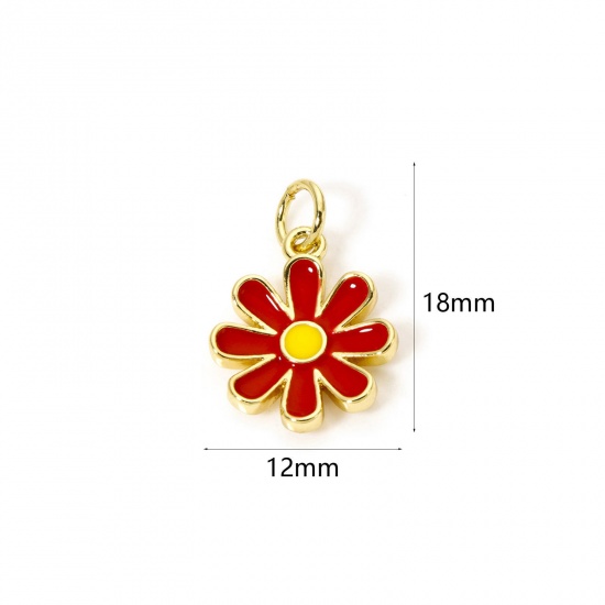 Изображение 2 PCs Eco-friendly Brass Charms 18K Real Gold Plated Red Daisy Flower Enamel 18mm x 12mm