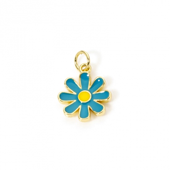 Изображение 2 PCs Eco-friendly Brass Charms 18K Real Gold Plated Green Blue Daisy Flower Enamel 18mm x 12mm