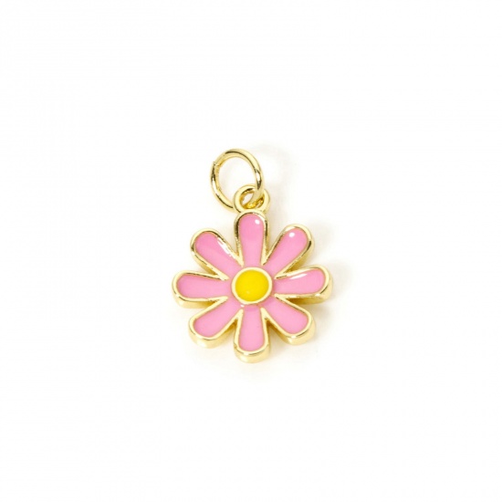 Изображение 2 PCs Eco-friendly Brass Charms 18K Real Gold Plated Pink Daisy Flower Enamel 18mm x 12mm