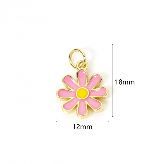 Изображение 2 PCs Eco-friendly Brass Charms 18K Real Gold Plated Pink Daisy Flower Enamel 18mm x 12mm