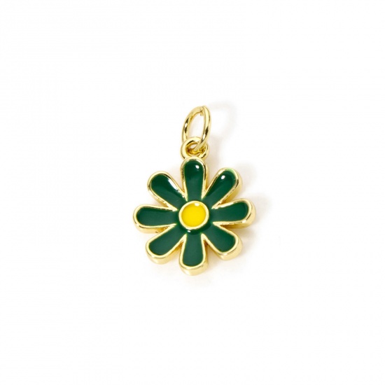 Изображение 2 PCs Eco-friendly Brass Charms 18K Real Gold Plated Green Daisy Flower Enamel 18mm x 12mm