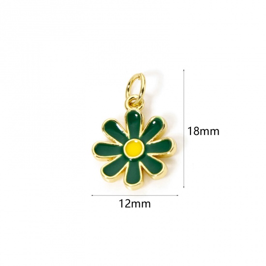 Изображение 2 PCs Eco-friendly Brass Charms 18K Real Gold Plated Green Daisy Flower Enamel 18mm x 12mm