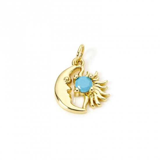 2 PCs Eco-friendly Brass Galaxy Charms 18K Real Gold Plated Sun Moon Face Blue Cubic Zirconia 17.5mm x 13mm の画像