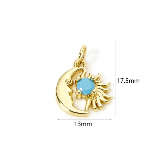 2 PCs Eco-friendly Brass Galaxy Charms 18K Real Gold Plated Sun Moon Face Blue Cubic Zirconia 17.5mm x 13mm の画像