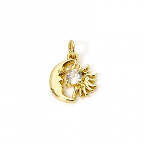 2 PCs Eco-friendly Brass Galaxy Charms 18K Real Gold Plated Sun Moon Face Clear Cubic Zirconia 17.5mm x 13mm の画像