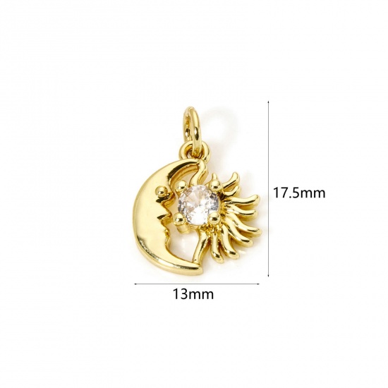 2 PCs Eco-friendly Brass Galaxy Charms 18K Real Gold Plated Sun Moon Face Clear Cubic Zirconia 17.5mm x 13mm の画像