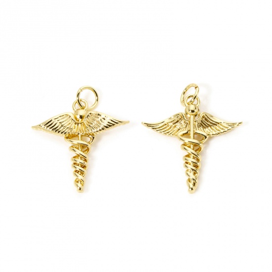 Изображение 2 PCs Eco-friendly Brass Medical Charms 18K Real Gold Plated Medical Alert ID Caduceus Hollow 23mm x 19.5mm